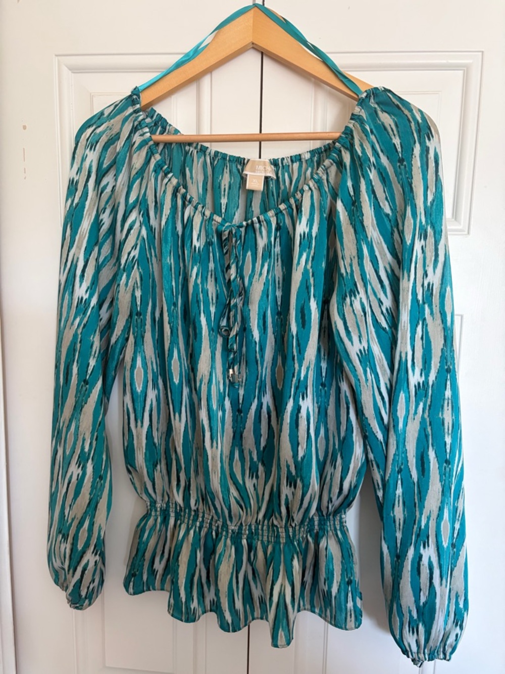 Michael Kors MK Teal Ikat Print Peasant Blouse Peplum Long Sleeve Size XL